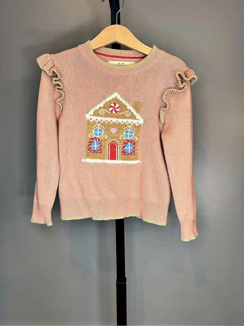 Mini Boden Girls Gingerbread House Holiday Sweater Pink Gold 4-6Y